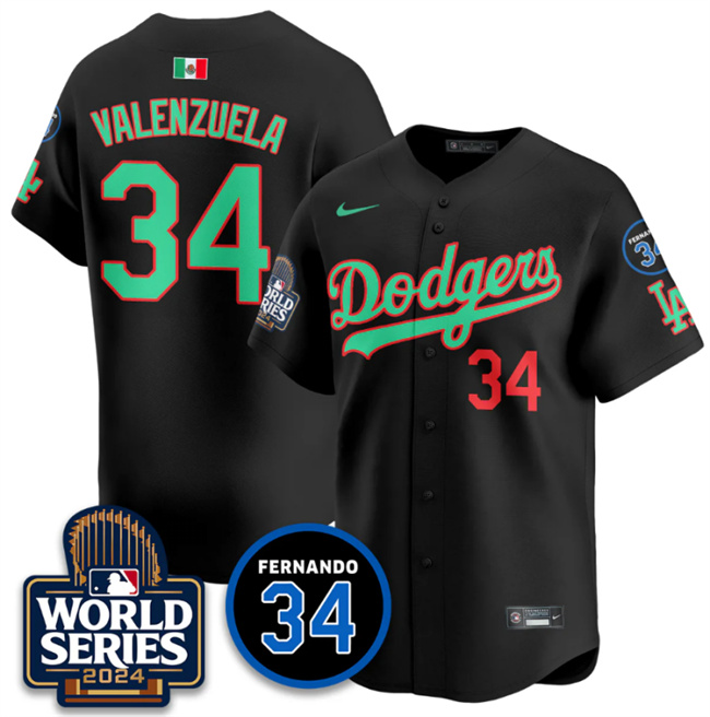 Men's Los Angeles Dodgers #34 Fernando Valenzuela Black Mexico 2024 World Series & Fernando Memorial Patch Vapor Premier Limited Stitched Baseball Jersey Men's Los Angeles Dodgers #34 Fernando Valenzuela Black Mexico 2024 World Series & Fernando Memorial Patch Vapor Premier Limited Stitched Baseball Jersey
